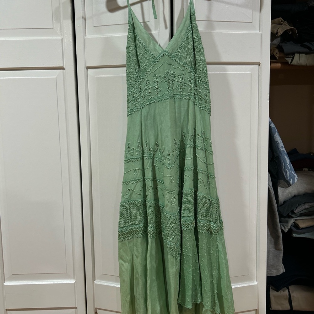 green L.S.I. embroidered boho fairy core halter style dress